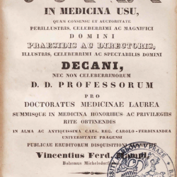 Titulní list exempláře tezí dizertační práce pražské lékařské fakulty z roku 1835